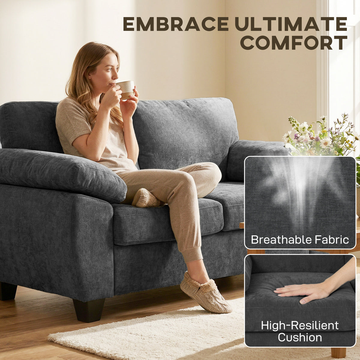 HOMCOM 2 Seater Sofa, 156cm Chenille Loveseat Sofa, Dark Grey