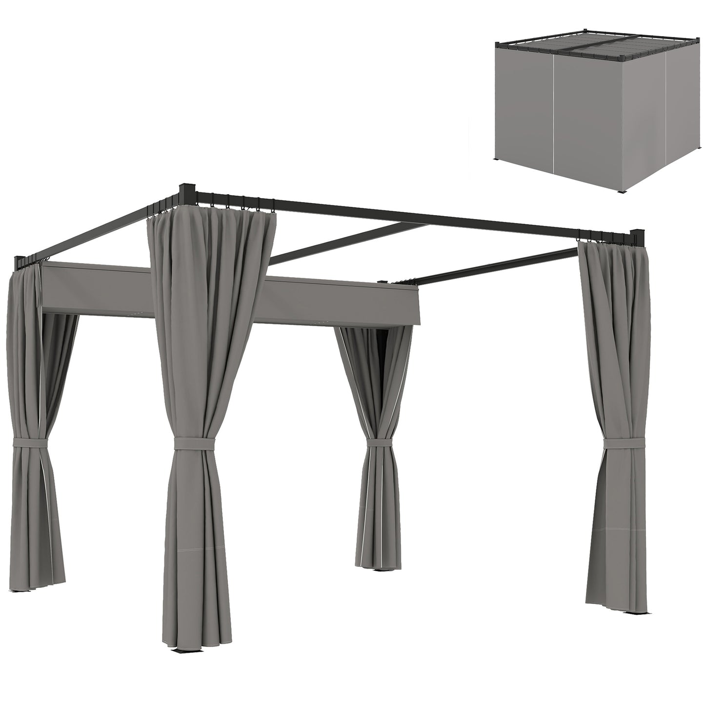 Outsunny 3 x 3(m) Pergola with Retractable Roof and Curtains, Light Grey