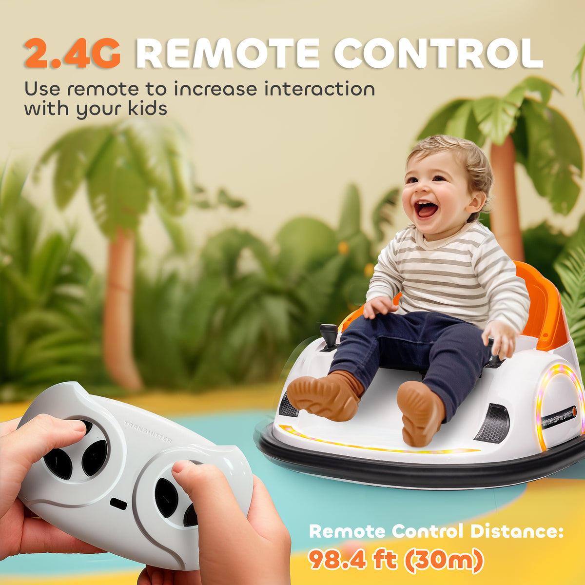 AIYAPLAY 360° Rotation Kids Bumper Car, 12V Waltzer Car with Remote Control, Dual Joysticks, Music Lights, Orange