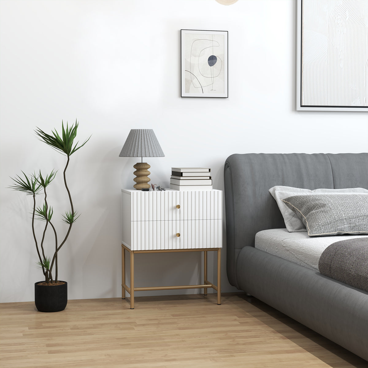 HOMCOM Elegant Two-Drawer Bedside Table - White