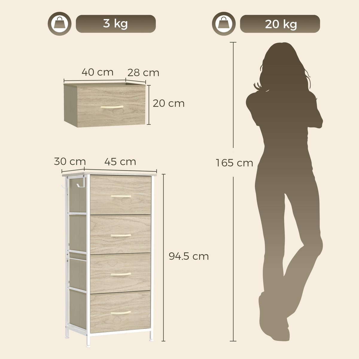 HOMCOM Chest of Drawers, Dresser with 4 Fabric Drawers, Tall Storage Unit with 4 Pockets and 2 Hooks, Steel Frame, Natural Wood