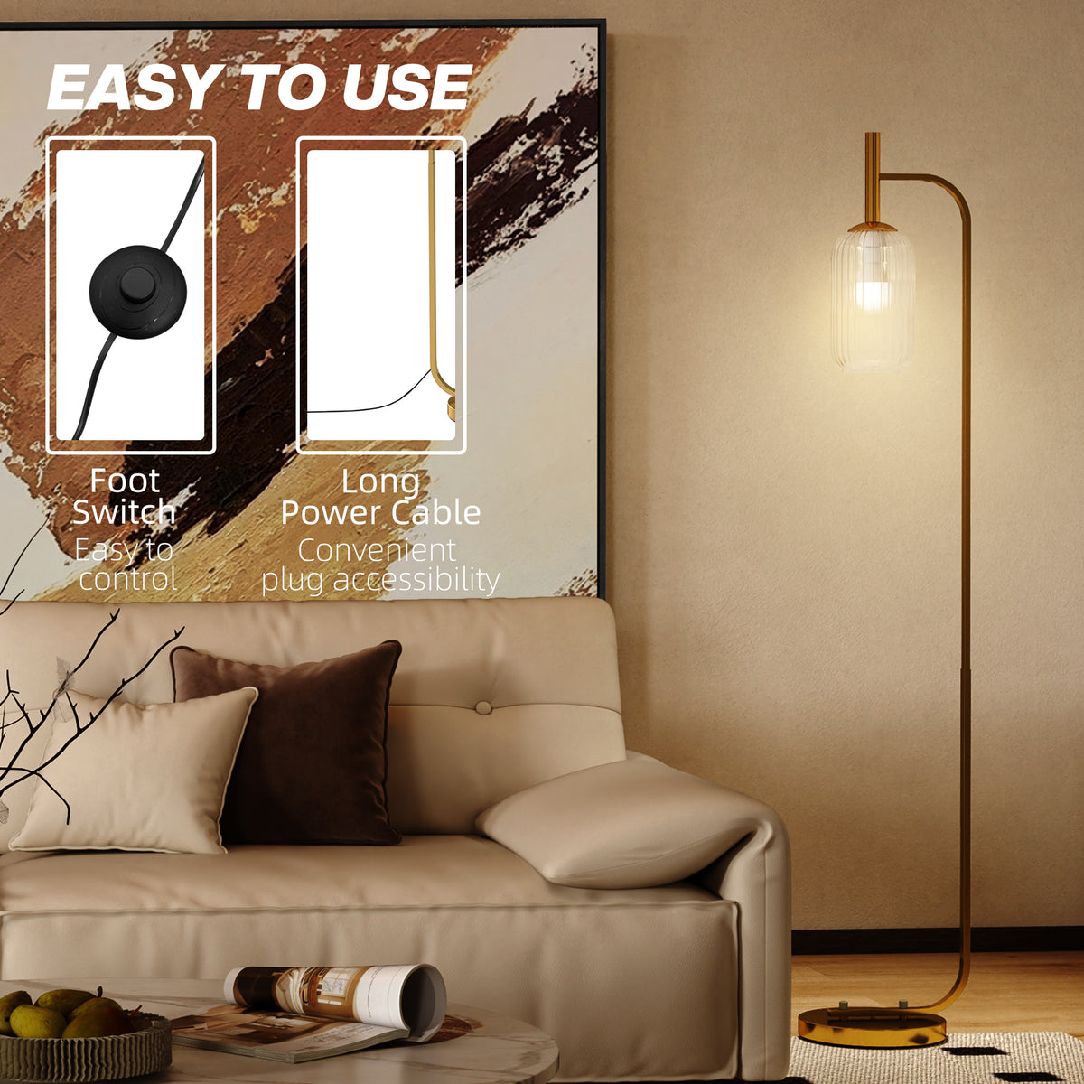 HOMCOM Floor Lamp for Living Room with Glass Lampshade, Modern Standing Lamp with Foot Switch for Bedroom, Bulb not Included, Gold Tone