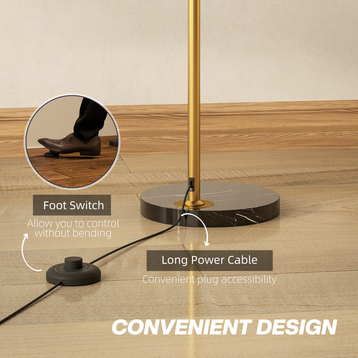 HOMCOM 167cm Arc Floor Lamp for Living Room, Modern Adjustable Standing Lamp with Foot Switch, Faux Black Marble Base and Bell Shade for Home Offices, Bedrooms, Gold Tone