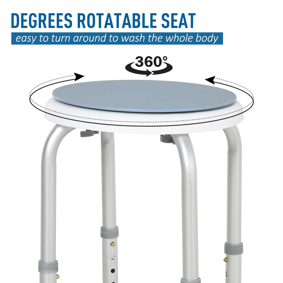 HOMCOM 360° Swivel Shower Chair, Height Adjustable Aluminium Shower Stool with Non-Slip Feet for Disabled, Elderly, Light Blue
