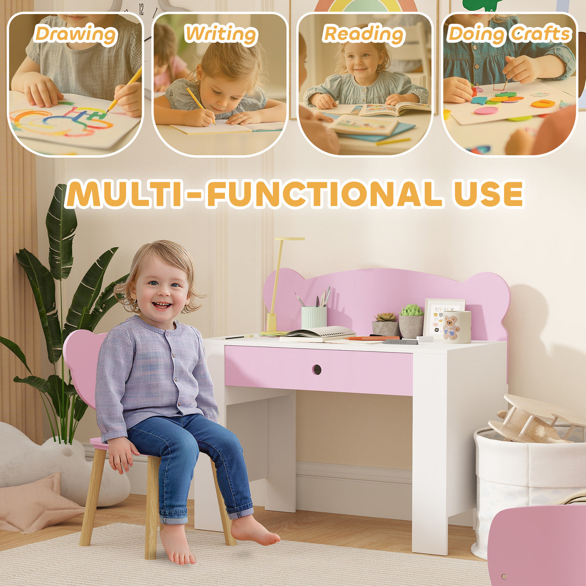 AIYAPLAY Kids Desk and Chair Set with Drawer for Drawing, Reading, Bear Theme Children Furniture for Bedroom, Daycare, Pink