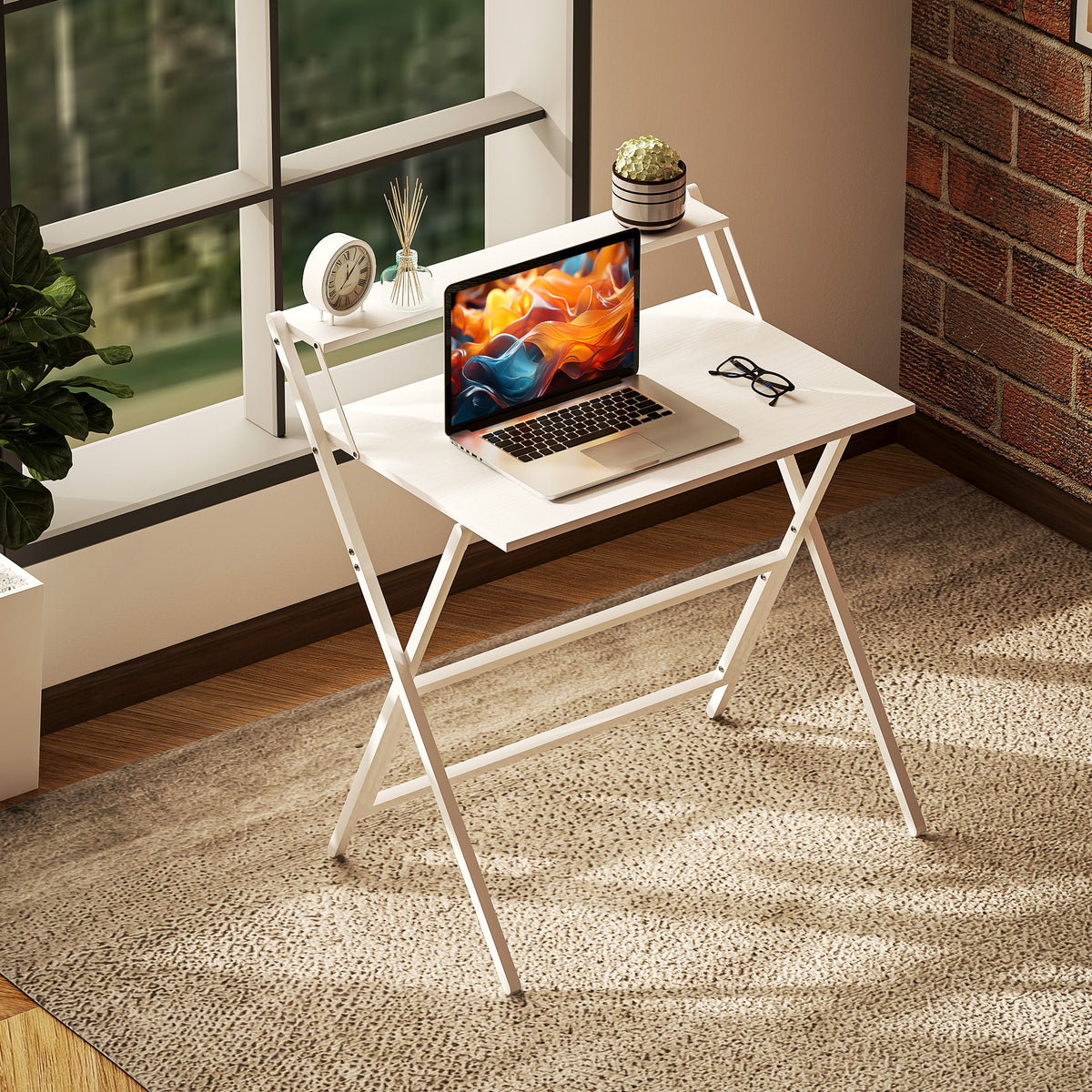HOMCOM 81.5 cm Folding Computer Desk with Monitor Shelf - White
