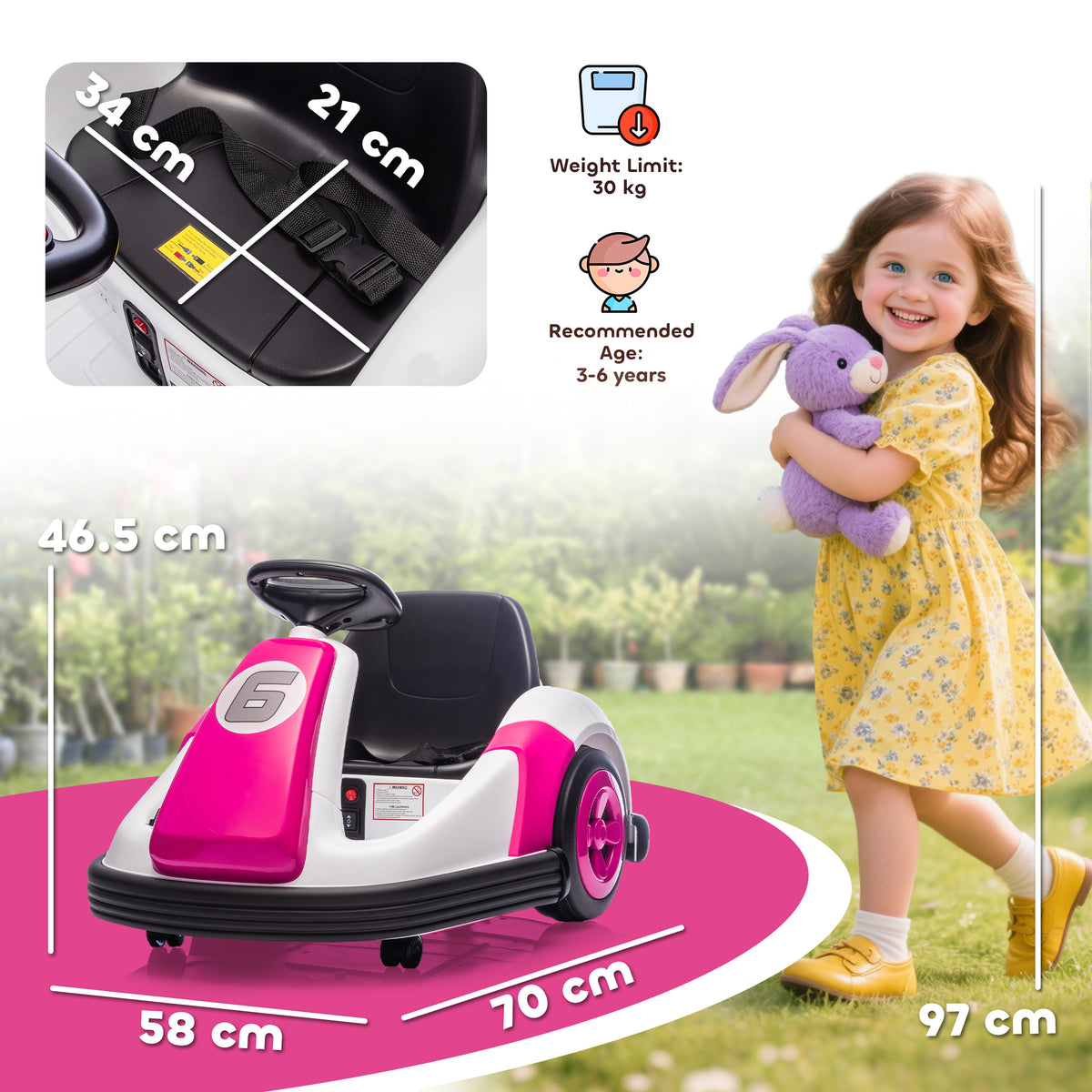 AIYAPLAY Kids Bumper Car with 360-Degree Rotation, 6V Electric Ride On Car with Music and Horn for 3-8 Years Old, Pink