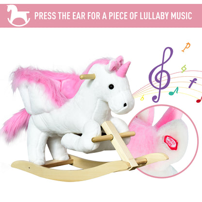 HOMCOM Kids Rocking Horse Toy, Plush Unicorn Rocker Seat with Wood Base and Music, for 1.5-3 Years