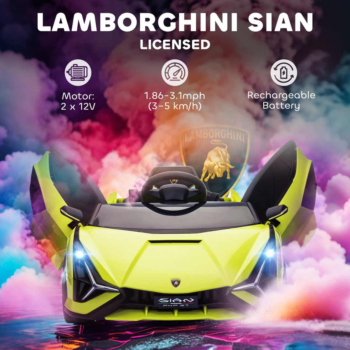 HOMCOM Lamborghini Sian Licensed Electric Car for Kids, 12V Kids Electric Ride on Car with Dual Motors, Remote Control, Green