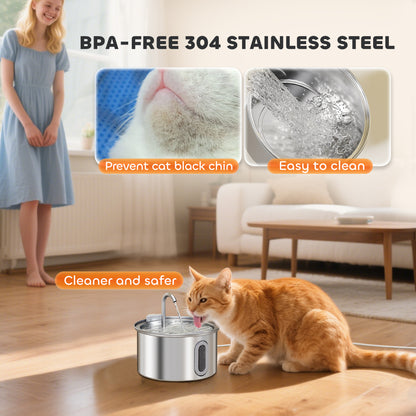 PawHut 2.5L Stainless Steel Cat Water Fountain for Drinking with Ultra-Silent Pump, Water-Level Window, 7 Filters