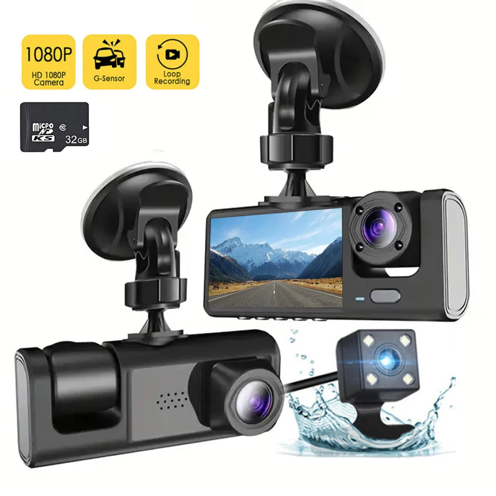 HD 1080P 3-Lens Car Camera 3 Channel Car DVRs Inside Vehicle Dash Cam Video Recorder Night Vision Dashcam With 32GB Memory Card