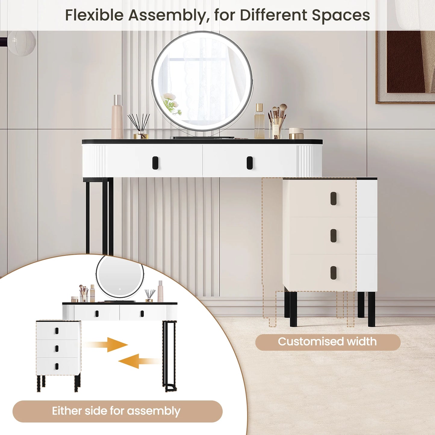 WOLTU Dressing Table with LED Lighting Mobile Mirror Vanity Flexible Assembly Makeup Cosmetic Table for Girls Women Bedroom