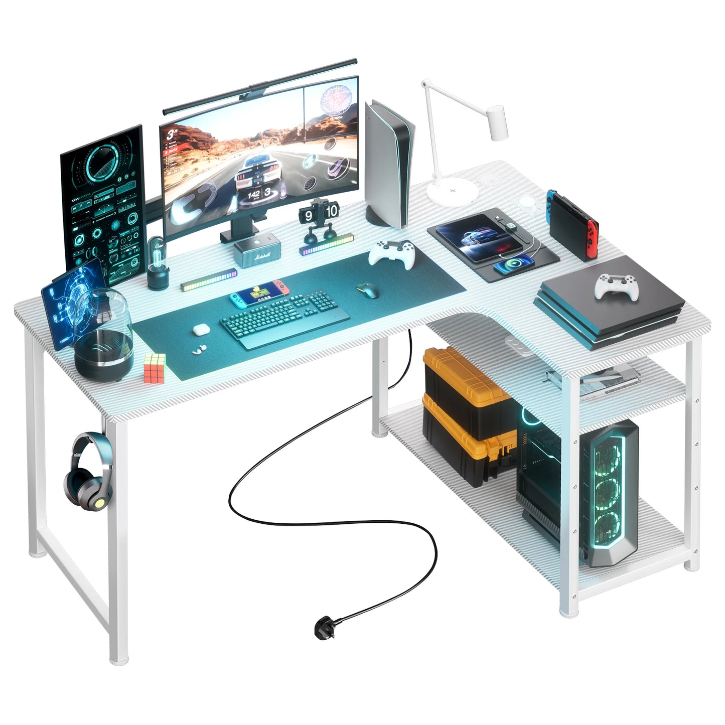 COMHOMA L Shaped Gaming Desk with Power Outlets Corner Computer Desk with Shelves Headphone Hook PC Table Workstation