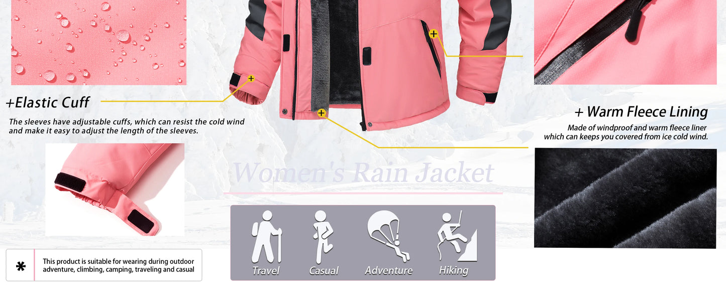 TACVASEN Winter Waterproof Ski Snowboard Jacket Womens Thermal Heavy Fleece Jackets Casual Work Rain Coat Windbreaker Parka