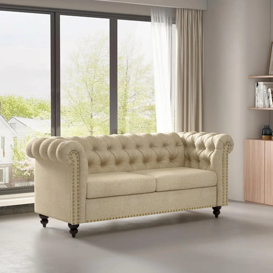 mcc direct Large 2 seater Chesterfield Style Button back Sofa, Couch Linen Fabric Settee for Living Room Office Bedroom Victoria