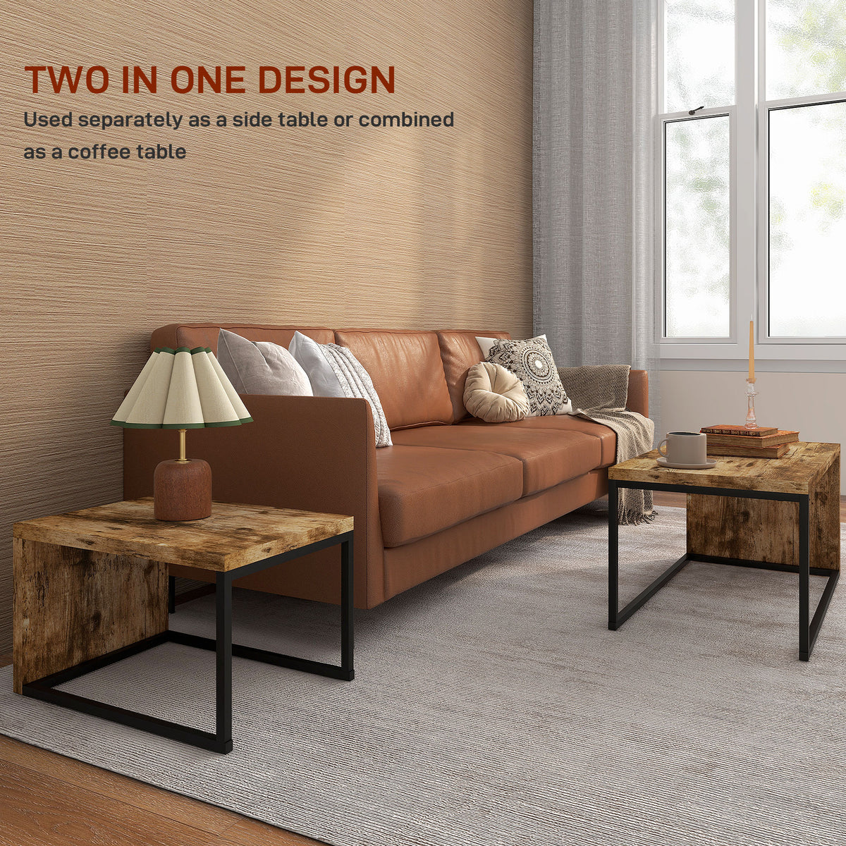 HOMCOM Nesting Coffee Table Set of 2, Industrial Stacking Side End Tables with Metal Frame for Living Room, Bedroom, Rustic Brown