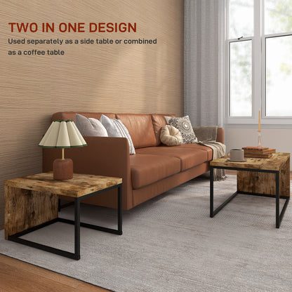 HOMCOM Nesting Coffee Table Set of 2, Industrial Stacking Side End Tables with Metal Frame for Living Room, Bedroom, Rustic Brown