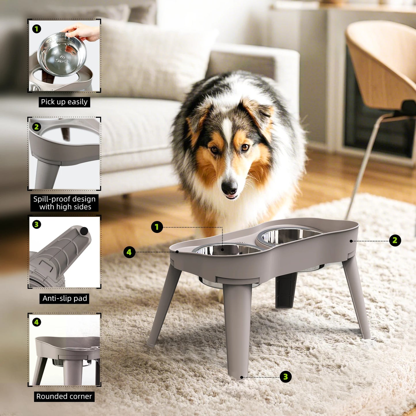 Elevated Dog Bowl Holder, Adjustable Non-Slip Waterproof Gradual Collection Stainless Steel Pet Feeder for Dogs and Cats