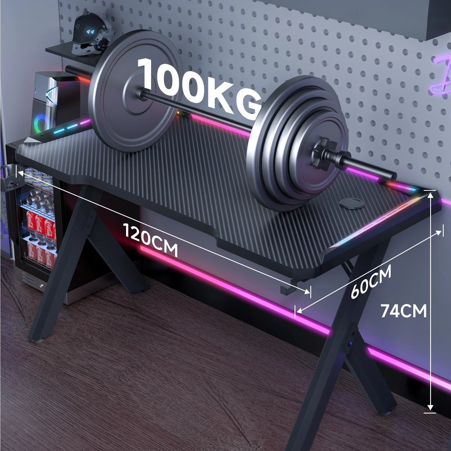 Gaming Desk RGB Lighting Ergonomic Gamer Workstation Ergonomic Carbon Fiber Computer Desk Cup Holder and Headphone Hook