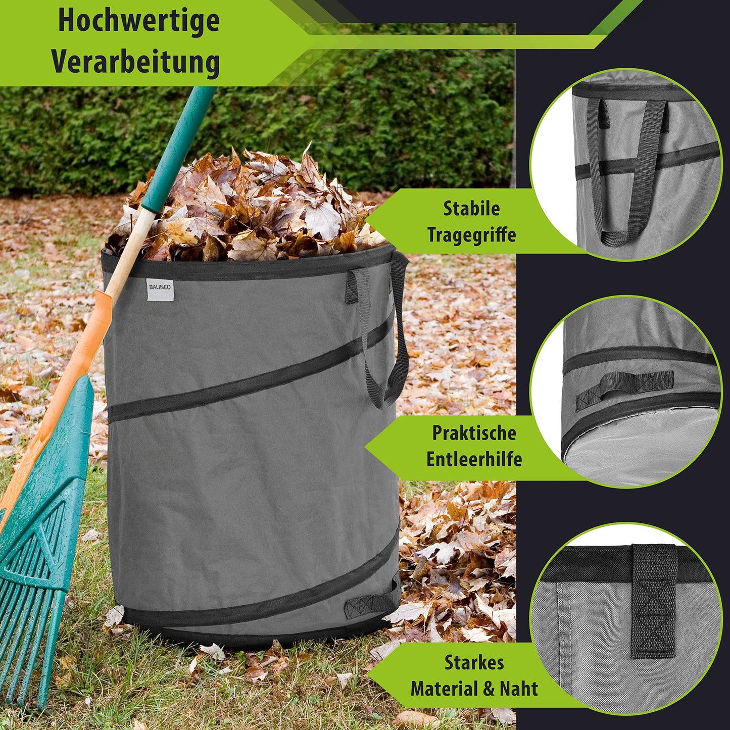 3x 170 litre pop-up garden waste sack grey self-erecting & stable | leaf sack | garden sack | green waste sacks foldable, large made of extremely