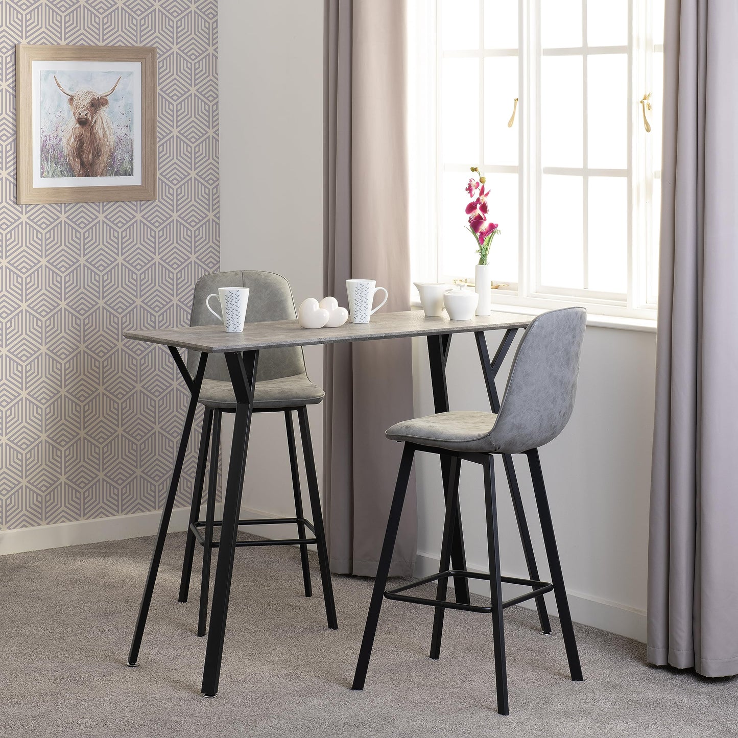 Seconique Quebec Bar Table Set with 2 Dining Chairs in Concrete Effect/Grey