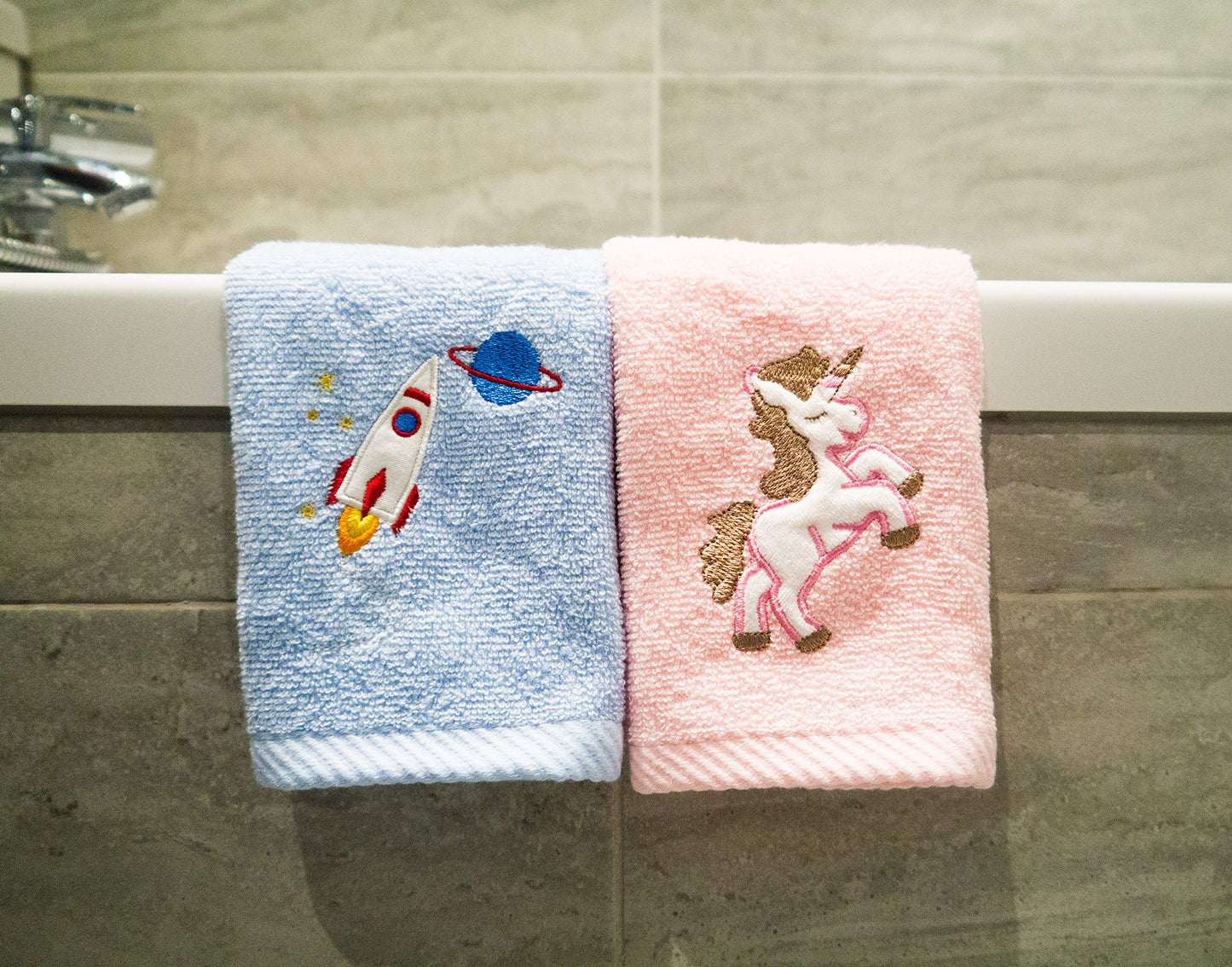 Lex's Linens Pack of 2 Kids Face Cloth (1 of Each) (Unicorn & Rocket)