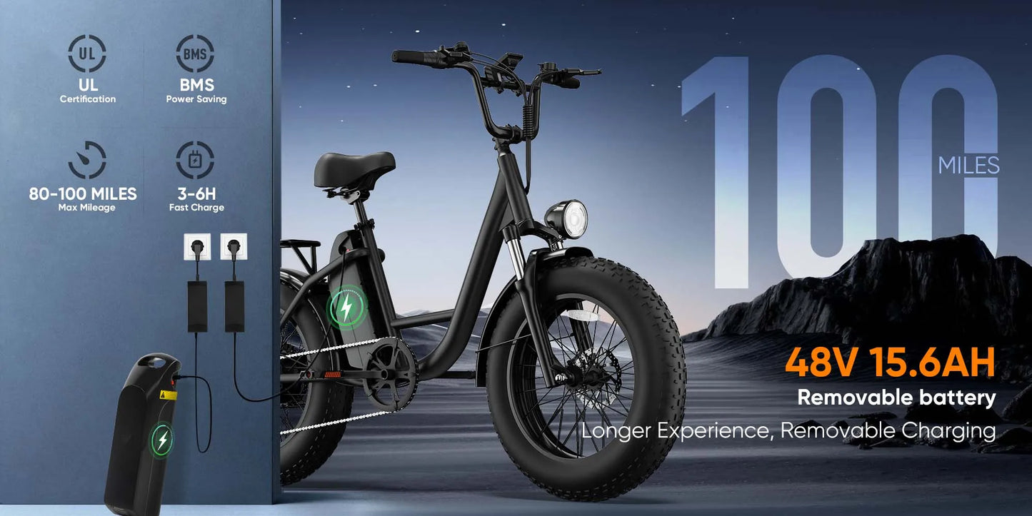 Urlife E20 Pro 1500W E-Bike Commuter 20x4" Tires 48V Removable LCD Display Speed 7-Speeds Hydraulic Disc Brakes For Adults