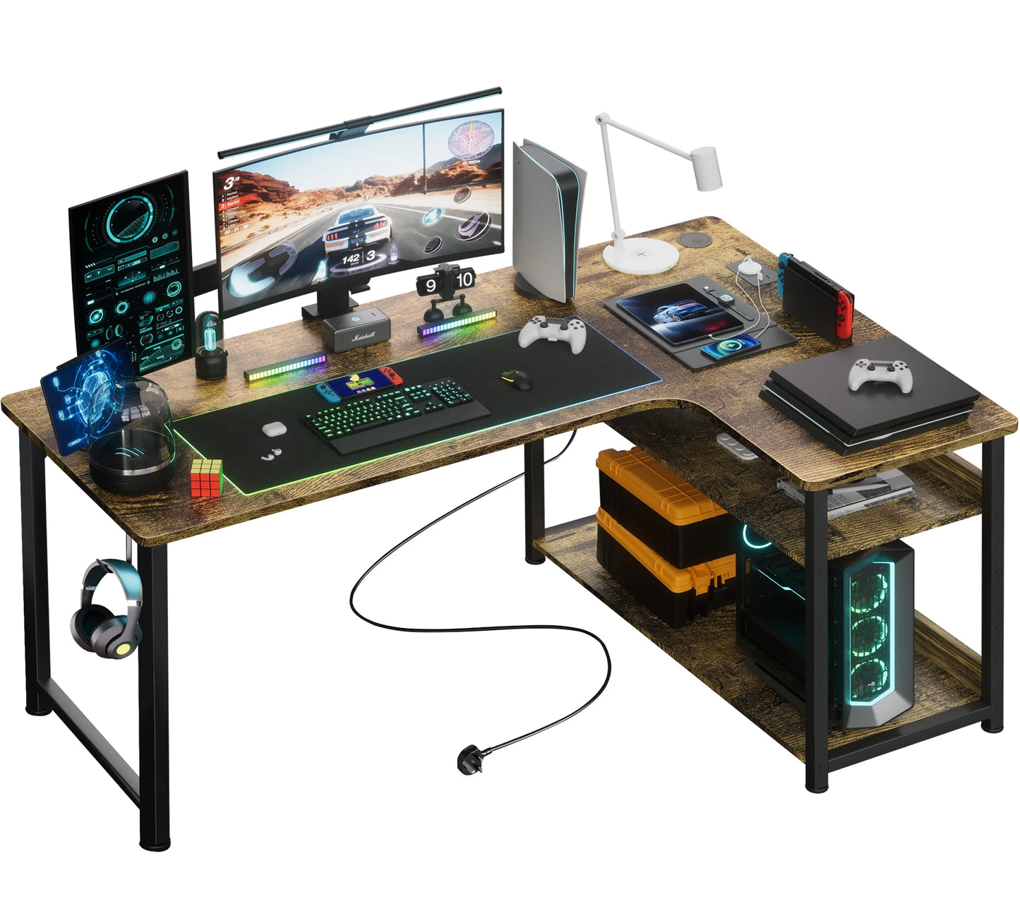 COMHOMA L Shaped Gaming Desk with Power Outlets Corner Computer Desk with Shelves Headphone Hook PC Table Workstation