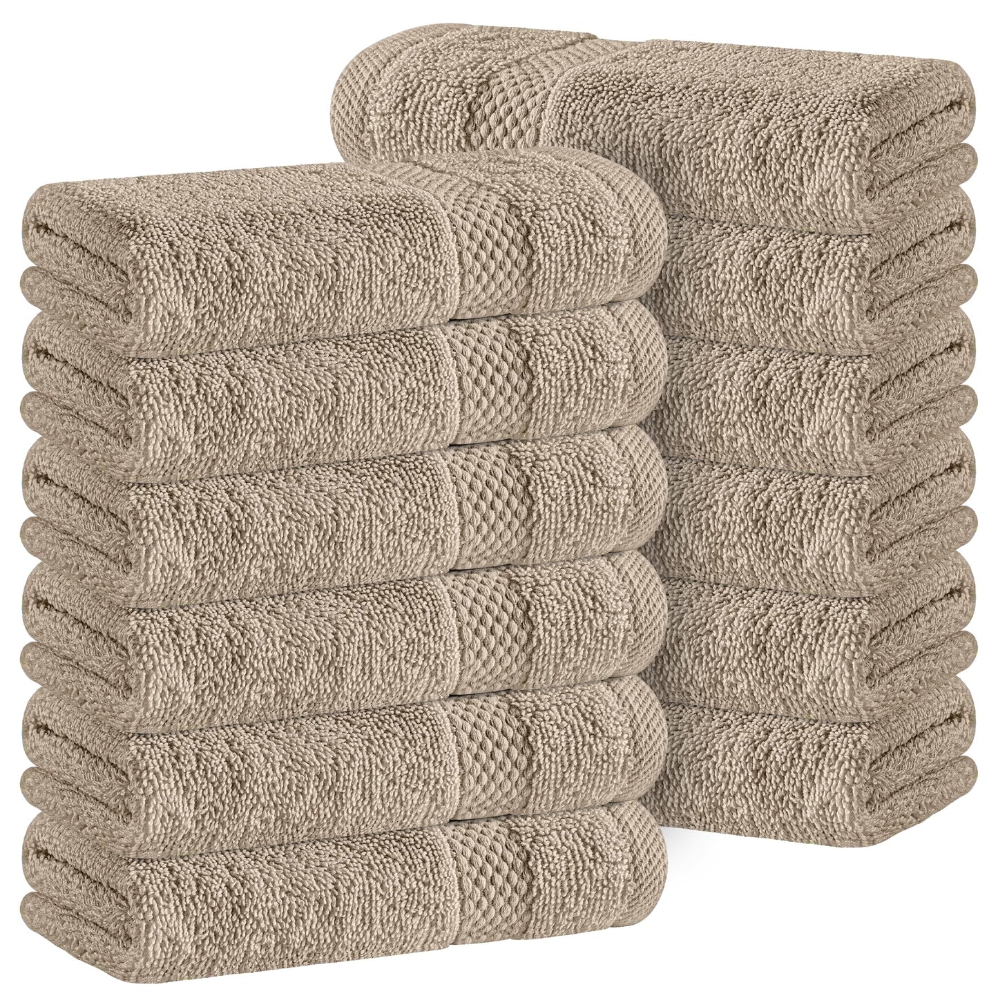 White Classic Luxury Cotton 12 Pcs Flannel Set, Hotel Style Face Cloth 33x33 cm, Soft Plush Bathroom Face Towel Pack of 12, Taupe