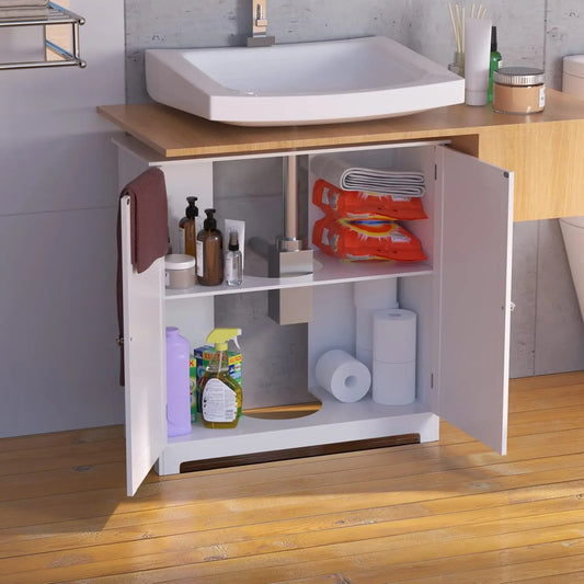 White Under Sink Bathroom Cabinet Free Standing Cabinets, Bathroom Basin Tall Cabinet with Double Doors, Floor Standing Storage Cupboard Basin Unit with Compartment Adjustable Shelf, 60 * 60 * 30cm