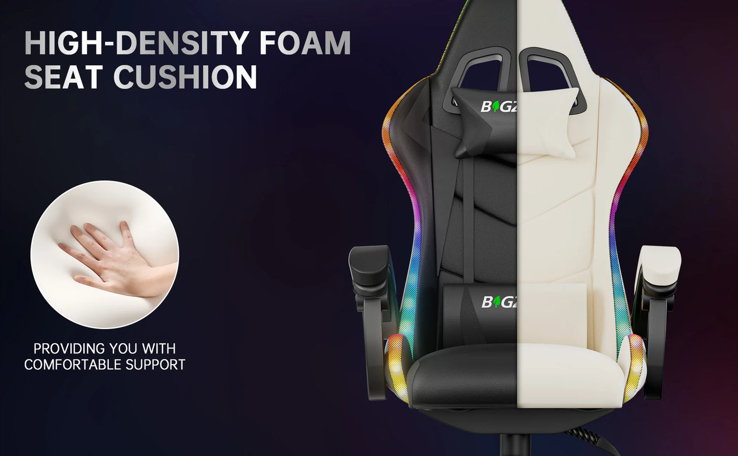 RGB Gaming Chair LED Lights and Ergonomic Computer Chair Reclining PU Leather High Back Video Game Chair Linkage Armrest