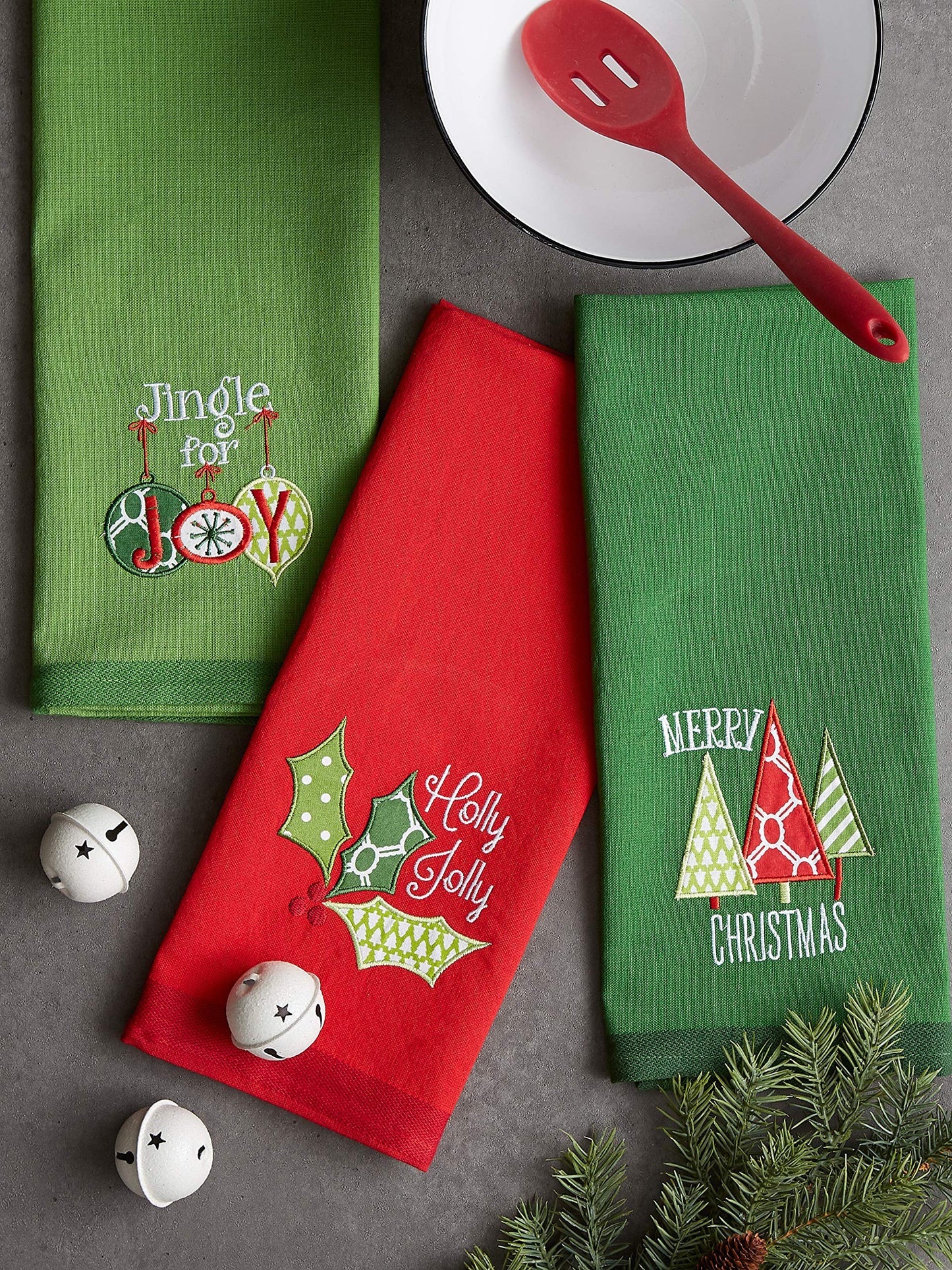 DII Christmas Kitchen Towels Decorative Embellished Cotton Dish Towel Set, 18x28, Jingle for Joy, 3 Count
