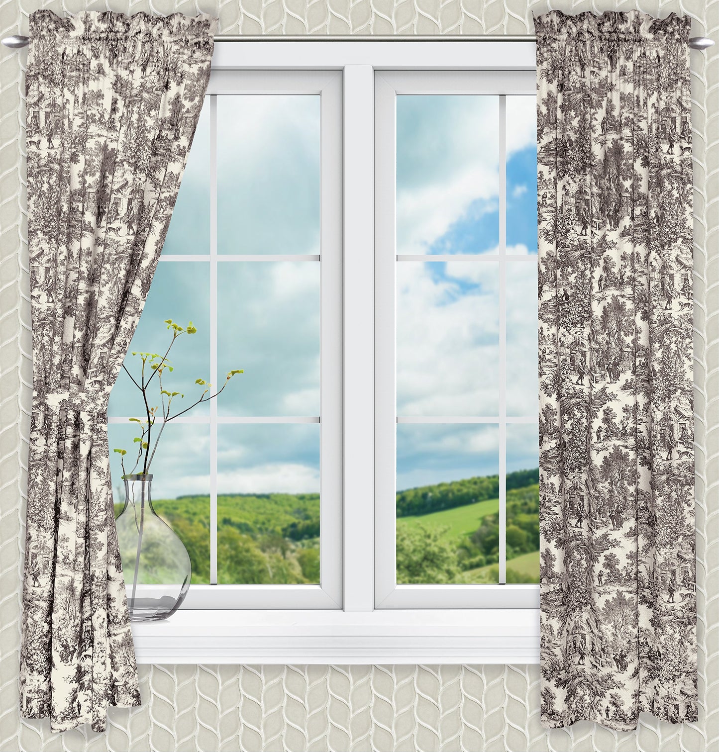 Ellis Curtain Victoria Park Toile 68-Inch-by-72 Inch Tailored Panel Pair with Tiebacks, Black