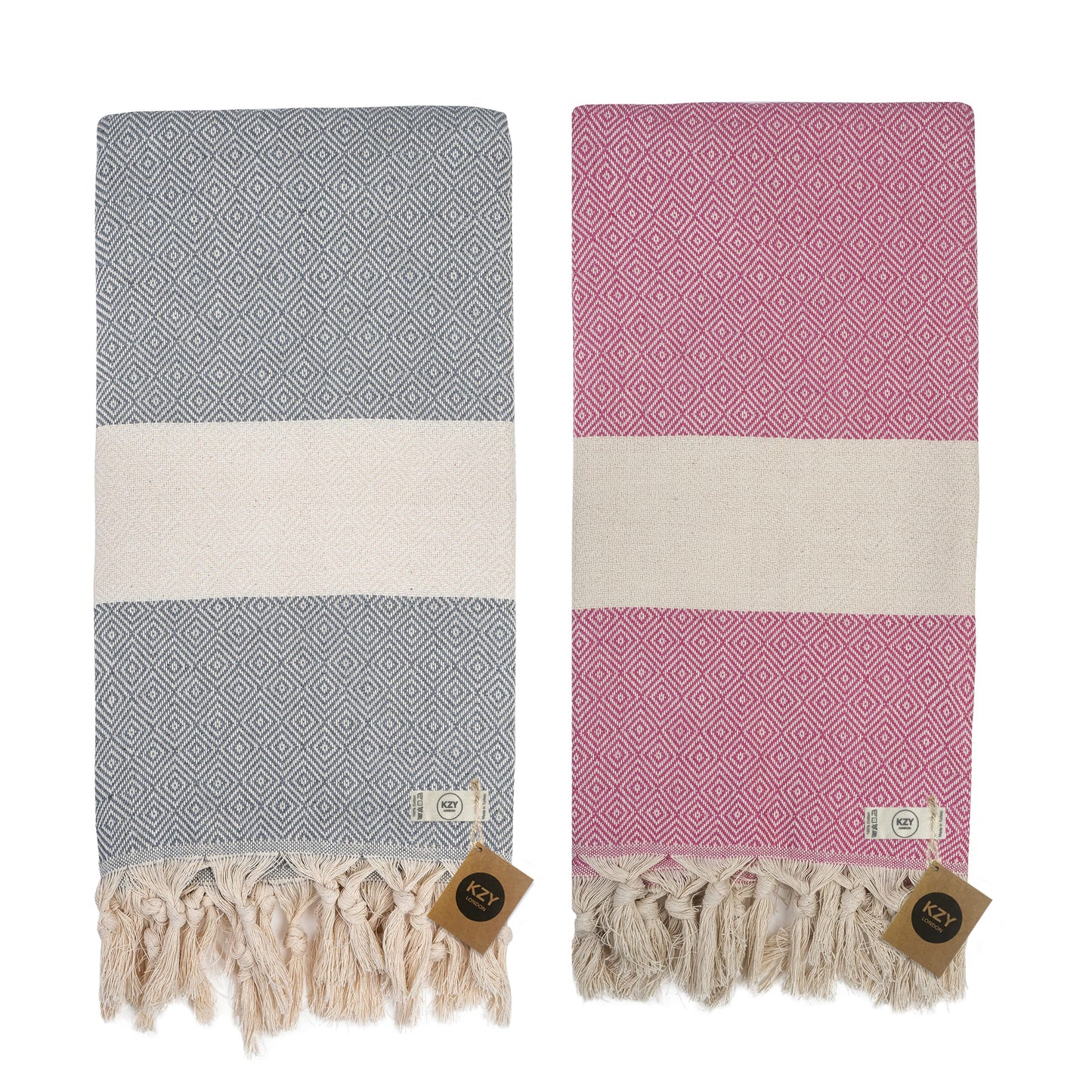 KZY LONDON Beach Towel 2 Pack Large Turkish Beach Towels for Camping, Swimming, Gym - Quick Dry, Absorbent