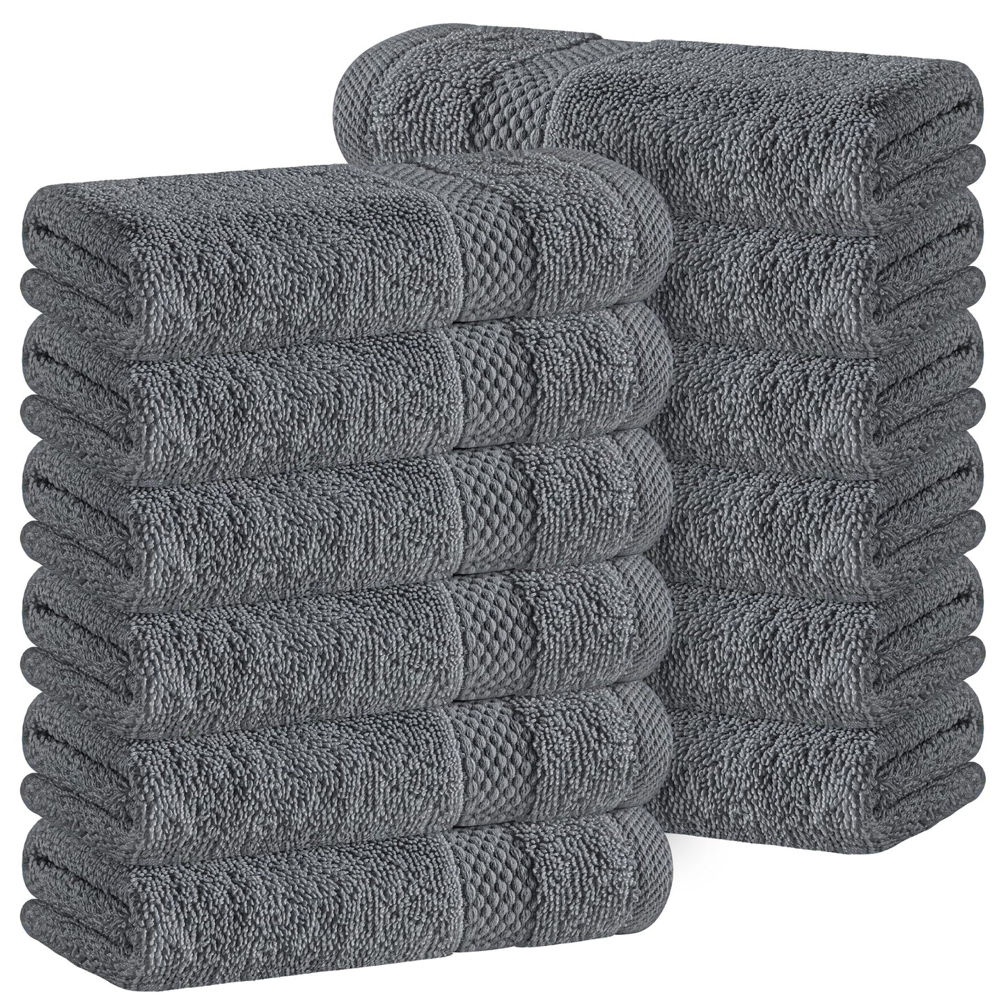 White Classic Luxury Cotton 12 Pc Flannel Set, Hotel Style Small Bath Towel and Face Cloth 33x33 cm, Dark Grey Soft Plush Flannels Pack of 12