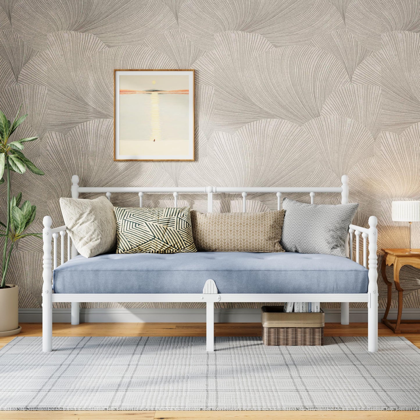 Apextella Home 3ft Single Bed Frame with Headboard,White Metal Day Bed Frame with Mattress Slide Stopper