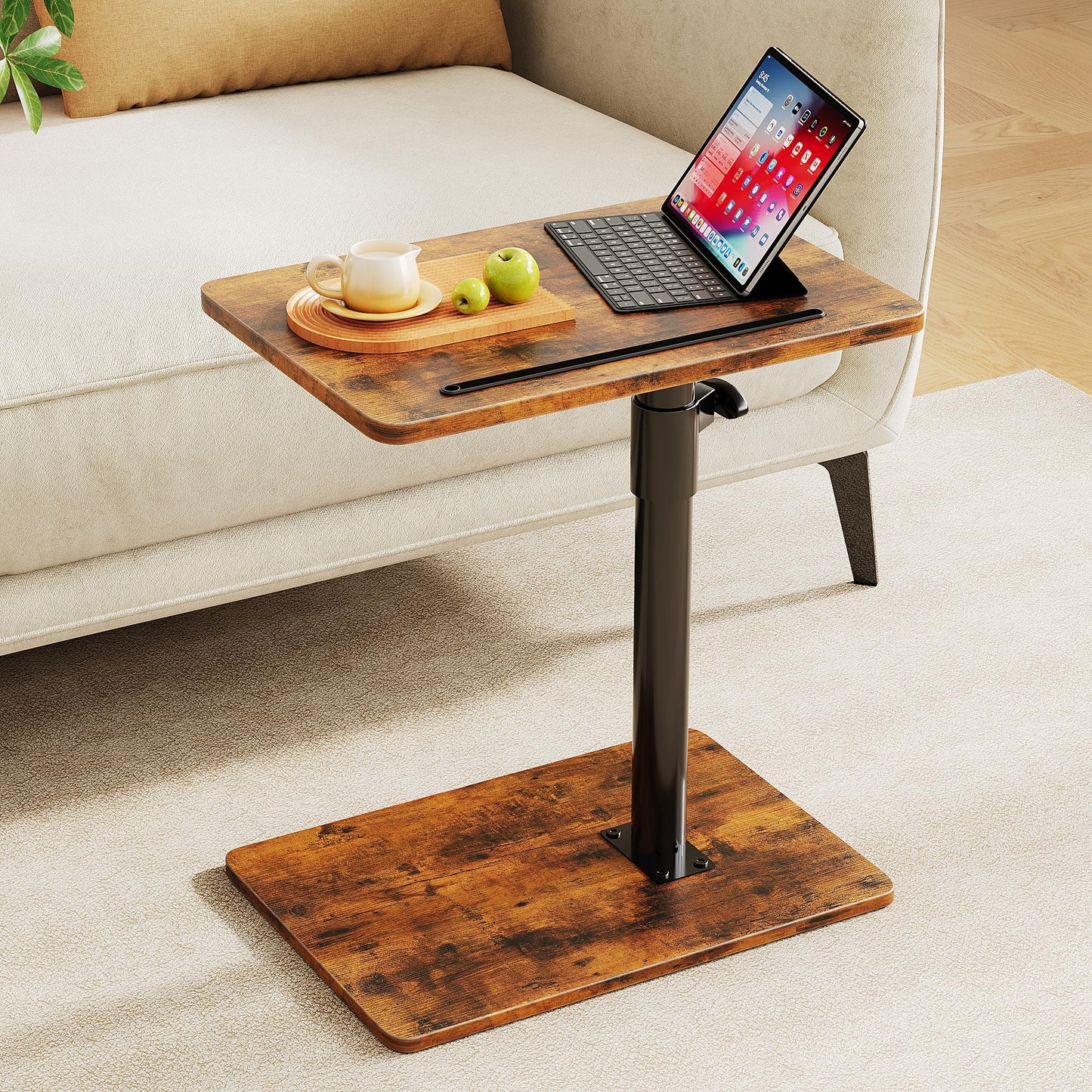 CAIYUN C Shaped Side Table, Height Adjustable Swivel 360° Rotating, Brown End Table Set of 2 for Small Spaces