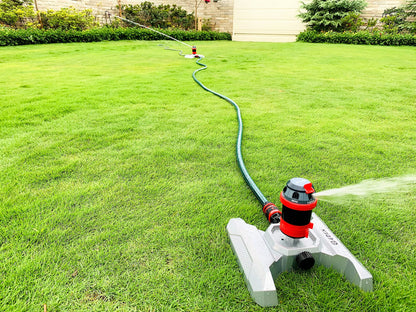 Eden 96122 Metal Adjustable 6-Pattern Mobile Rotary Gear Drive Garden Sprinkler for Yard W/Quick Connect Starter Set, Waters up to 80 ft. in Diameter