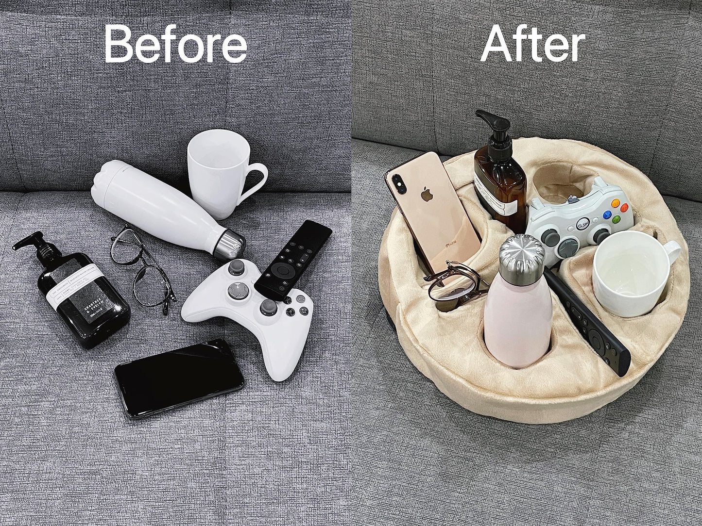 Cup Holder Pillow for Sofa & Bed, Organiser Caddy for Drinks & Remotes