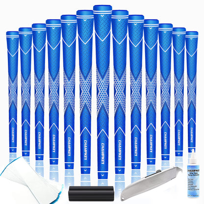 CHAMPKEY Premium Rubber Golf Grips 13 Pack | High Traction and Feedback Rubber Golf Club Grips - All Repair Kits (Blue&White, Oversize)