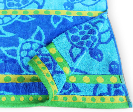 Bentley Priory Linens Large Size Beach Towel, for sun lounger. Soft velour cotton with quick dry terry towel reverse (TURTLES BLUE)