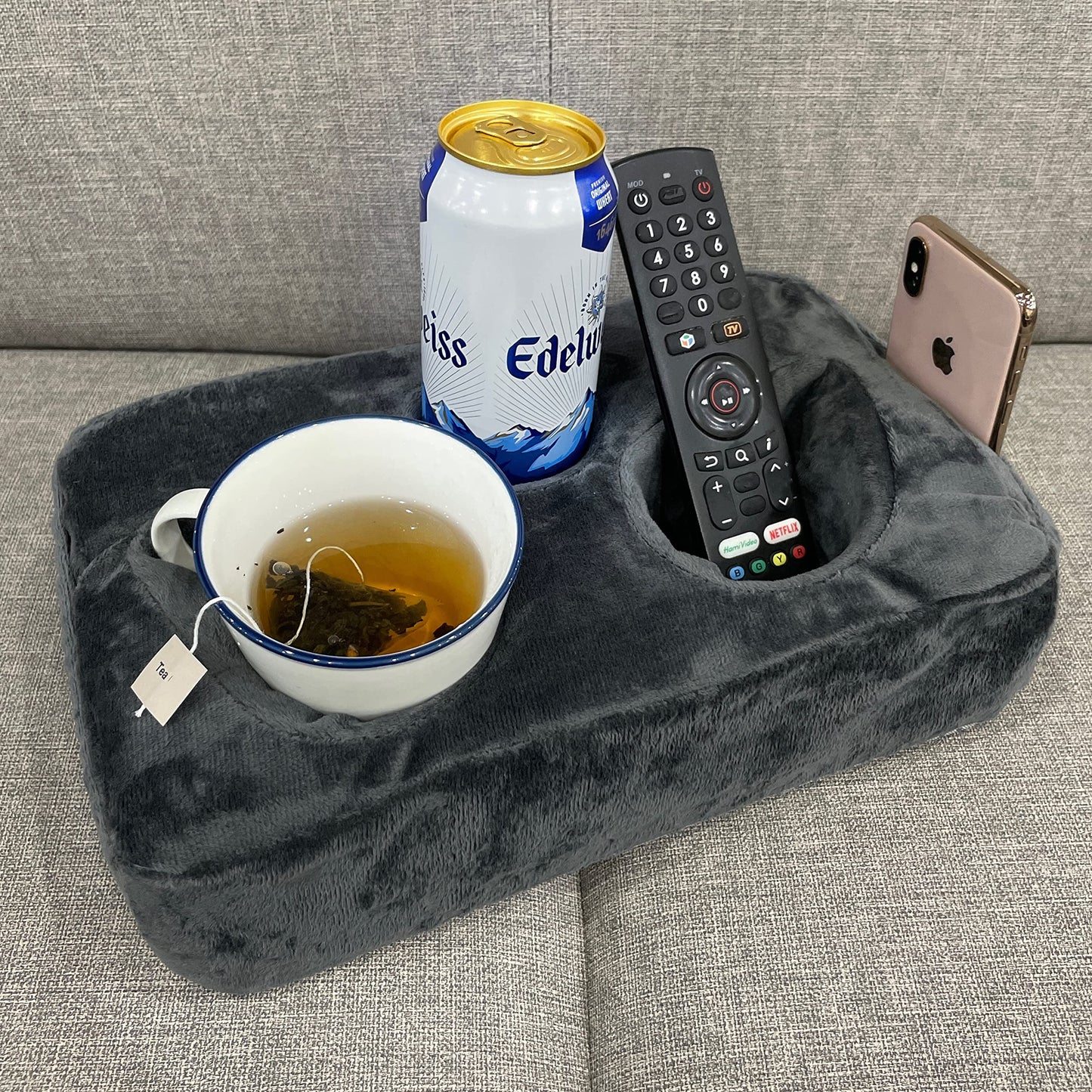 Sofa Cup Holder Caddy Pillow for Drinks, Remote & Phone Organiser