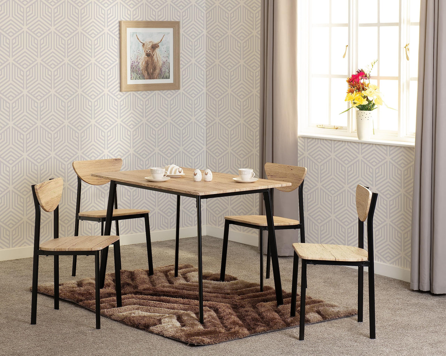 Seconique Riley Large Dining Set with 4 Dining Chairs,Black/Light Oak