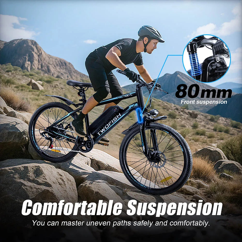 TWOFISH TF-1 Electric Bike, 250W 36V 15Ah Battery, 26" Tires, 25km/h Max Speed, 100km Max Range, Disc Brakes, Front Suspension
