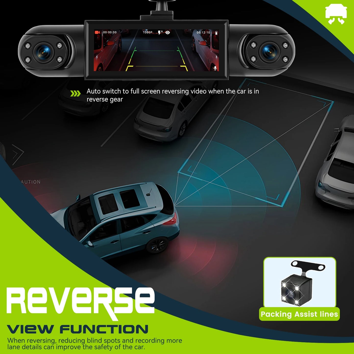 Podofo 3.16 Inch Car Dash Cam 1080P & 3*480P Car Recording Camera Car DVR For Car Revesing Front Left Right Rear View Camera