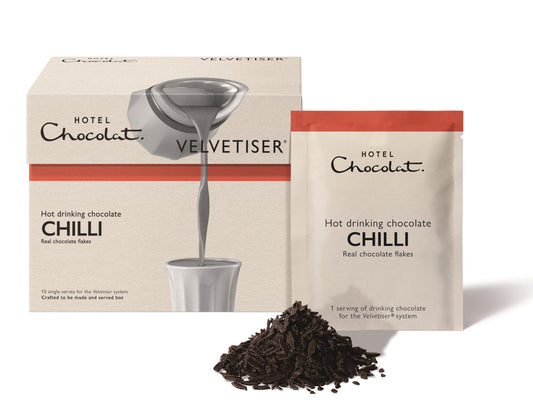 Hotel Chocolat Chilli Hot Chocolate Sachets - Luxury Chocolate Flakes - Pack of 10 Single-Serve Sachets, 310g - Suitable for Vegetarians & Vegans