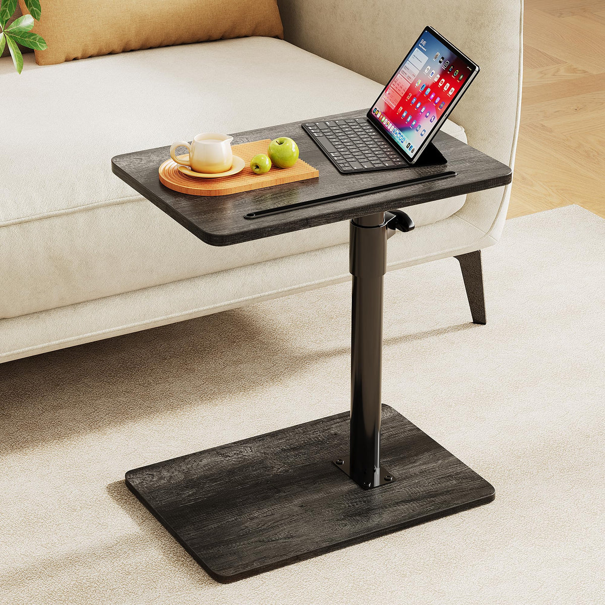 CAIYUN C Shaped Side Table, Height Adjustable Swivel 360° Rotating, BEnd Table for Small Spaces, Sofa Side Table with Metal Frame for Living Room