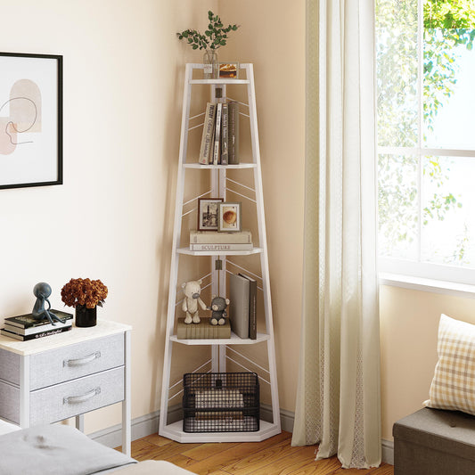 YITAHOME Corner Shelf 5 Tier, Industrial Corner Bookshelf Modern Floorstanding Corner Bookcase Ladder Shelf Wooden Open Shelving Unit for Living Room,