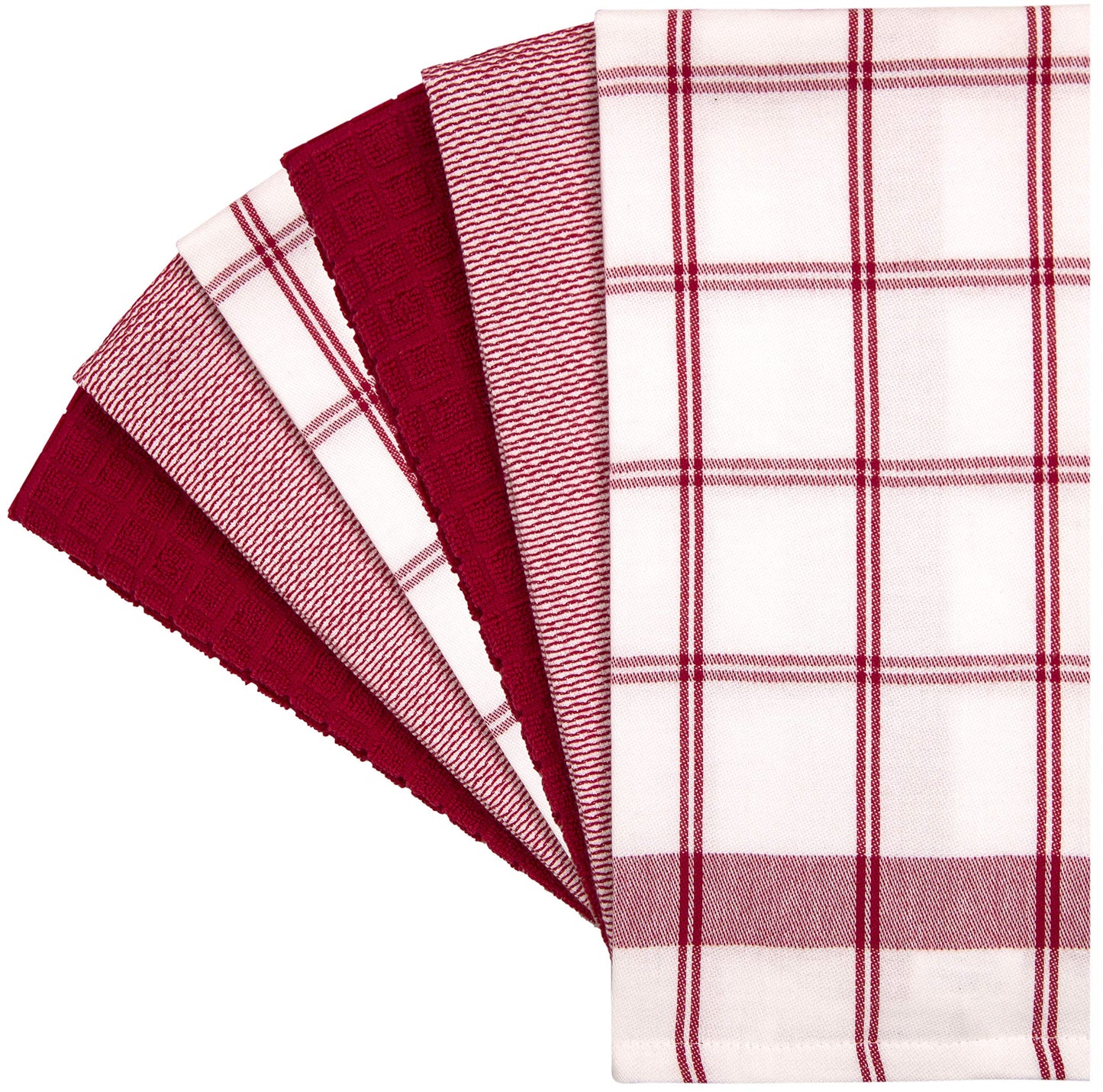 6 Pack Large Tea Towel Set | Absorbent Kitchen Hand Towels | Soft Cotton Dish Towels | Flat & Terry Towel with Hanging Loop | Vibrant Dyed - Red