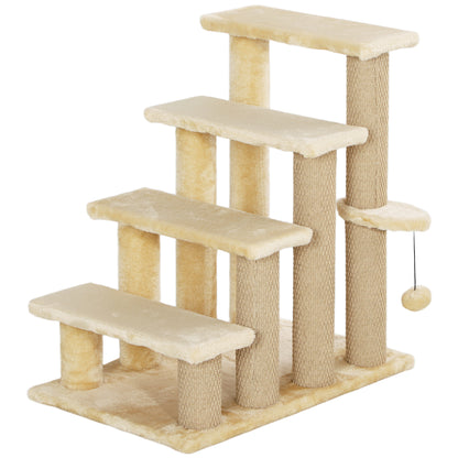 PawHut 4-step Pet Stairs with Scratching Posts, Platforms, Toy Ball, Beige